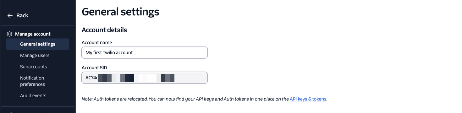 Account details in the Twilio Console's General settings: the Account name and the Account SID field with its value redacted