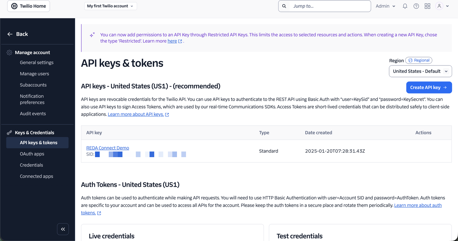 The API keys and tokens page with the Create API key button and one existing Standard key with its SID redacted