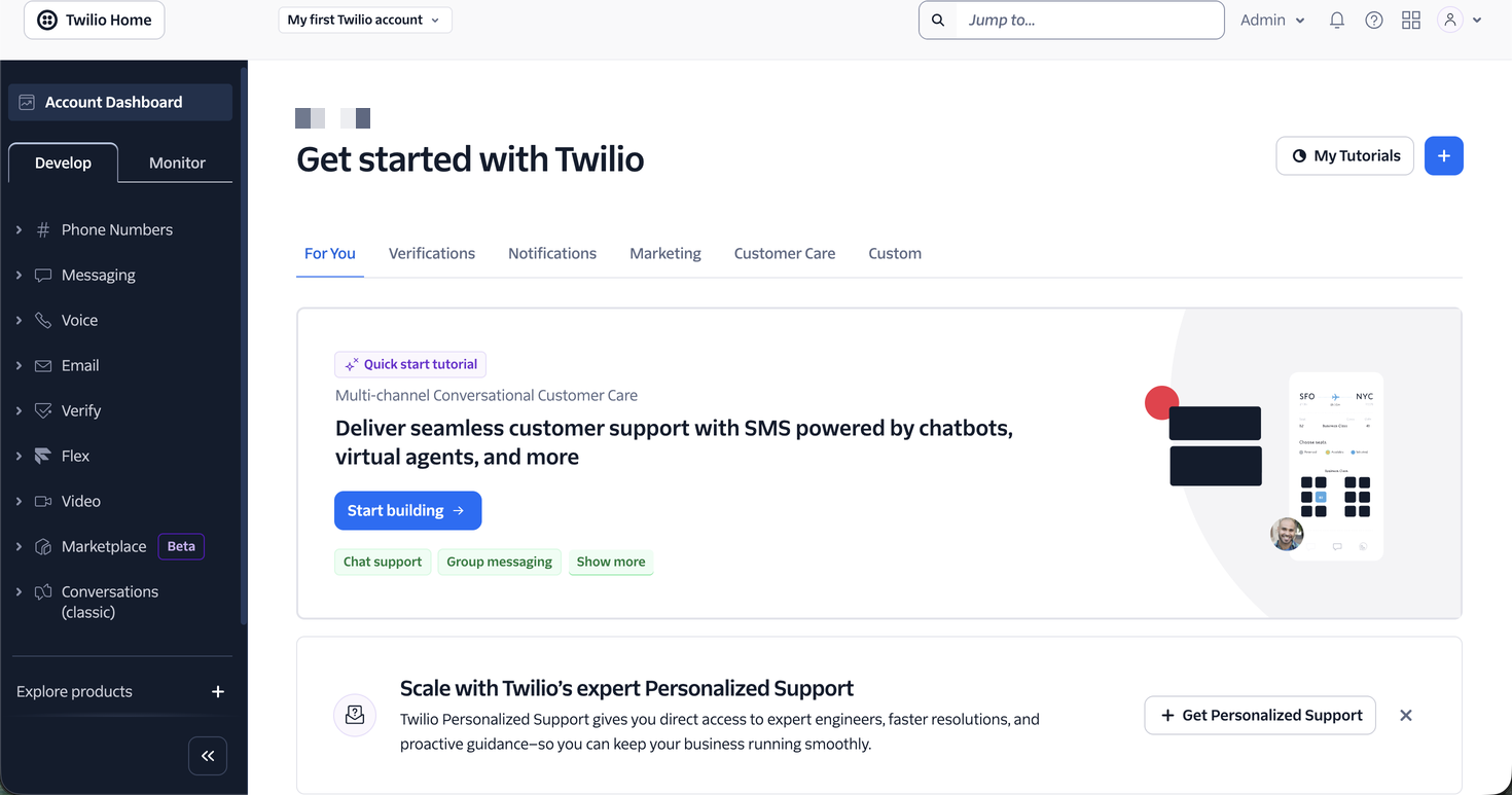 Início da Twilio Console após entrar, com guias Develop e Monitor, menu lateral de produtos e conteúdo de configuração inicial