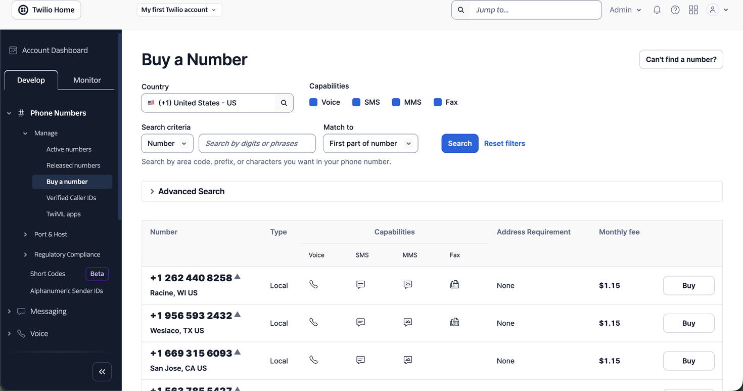 Página Buy a Number: seletor de país, capacidades como SMS, critérios de busca e números disponíveis com capacidades, custo mensal e botão Buy