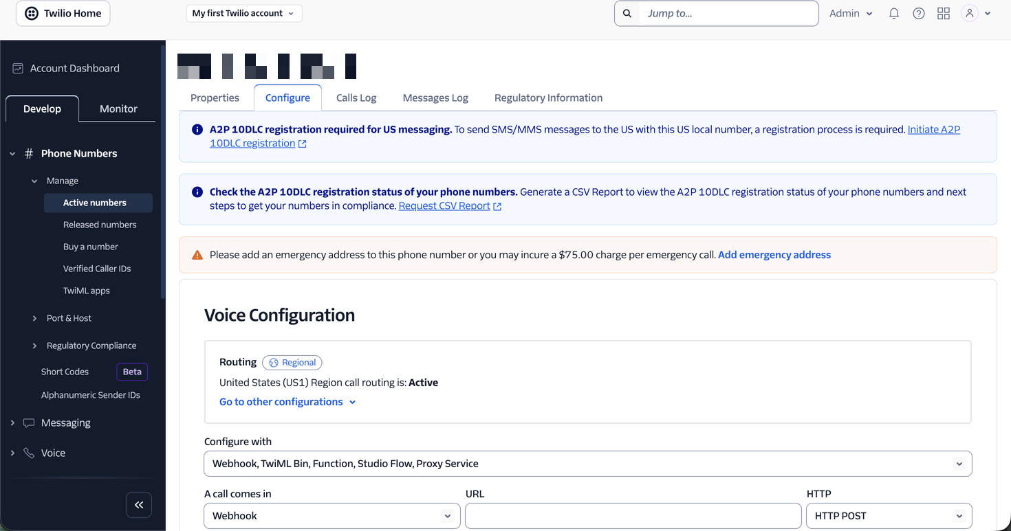 Guia Configure do número: Properties, Configure, Calls Log, Messages Log e Regulatory Information, avisos de registro A2P 10DLC e início das configurações; número oculto