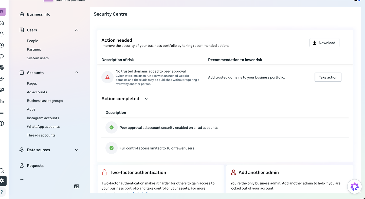 Meta Business settings verification and security status with identifying information redacted