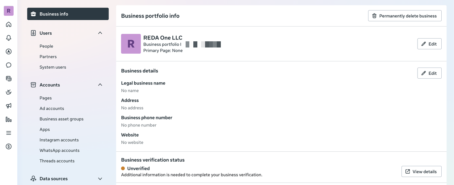 Business portfolio information and verification status, with identifying values redacted