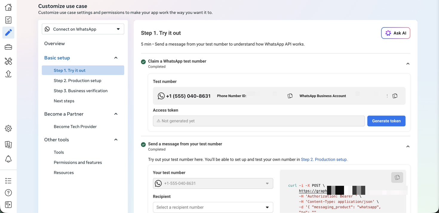 Tela Try it out do WhatsApp com número e identificadores de teste, com valores privados ocultos