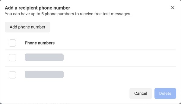 Diálogo da Meta para adicionar e verificar um destinatário de teste do WhatsApp