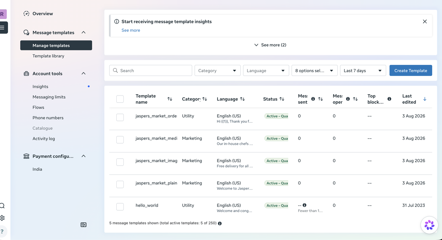 WhatsApp Manager template library with category, language and status