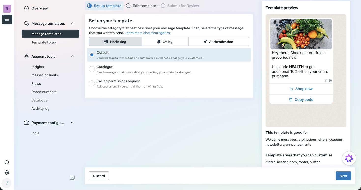 Meta template creation with category selection and preview