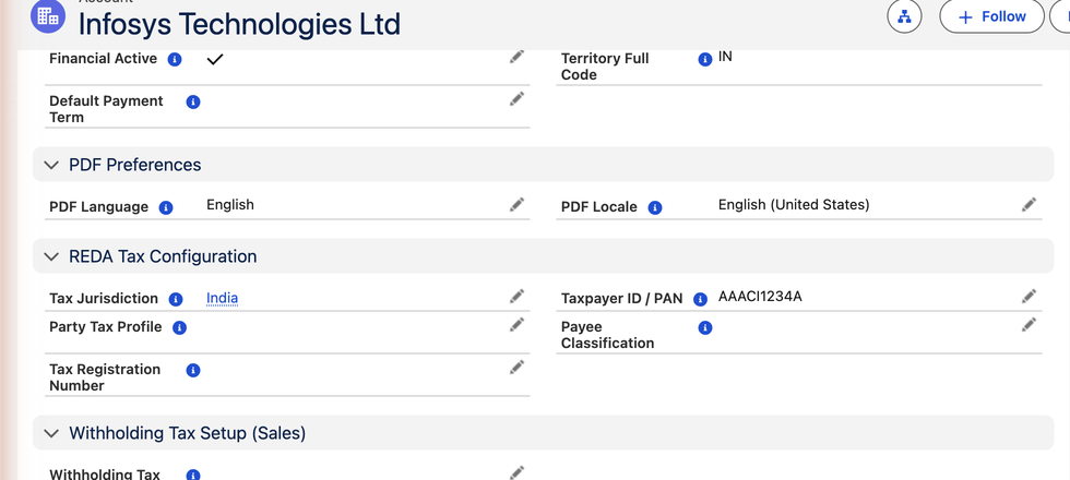Un registro de Cuenta en REDA Financials AI para el proveedor Infosys Technologies Ltd. Los campos financieros de REDA aparecen en secciones etiquetadas: Financial Active y Default Payment Term; PDF Preferences (PDF Language English, PDF Locale English (United States)); REDA Tax Configuration (Tax Jurisdiction India, Taxpayer ID / PAN AAACI1234A, Party Tax Profile, Payee Classification, Tax Registration Number); y el inicio de Withholding Tax Setup (Sales).