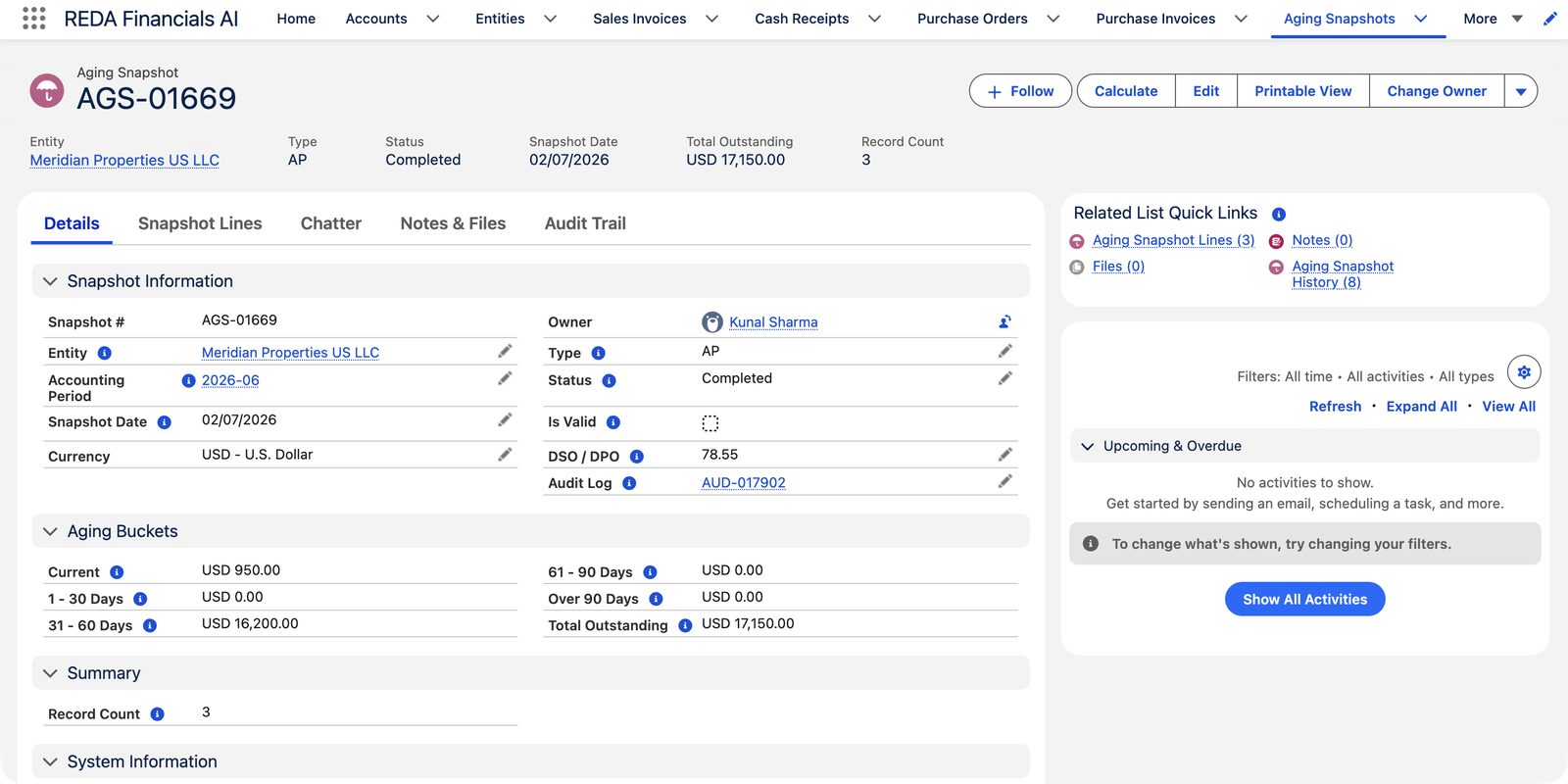 A completed AP Aging Snapshot AGS-01669 in REDA Financials AI for Meridian Properties US LLC, period 2026-06. Status Completed, Total Outstanding USD 17,150.00, Record Count 3, DSO/DPO 78.55, with an Audit Log link. The Aging Buckets section shows Current USD 950.00, 1-30 Days USD 0.00, 31-60 Days USD 16,200.00, 61-90 and Over 90 at USD 0.00. Related links include Aging Snapshot Lines (3).