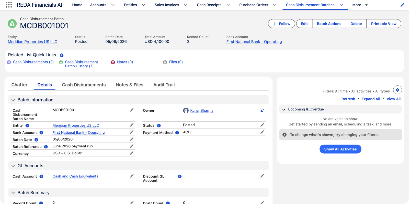A posted Cash Disbursement Batch MCDB001001 in REDA Financials AI. Highlights: Entity Meridian Properties US LLC, Status Posted, Batch Date 05/06/2026, Total Amount USD 4,100.00, Record Count 2, Bank Account First National Bank - Operating. Details show Batch Reference 'June 2026 payment run', Payment Method ACH, a GL Accounts section with Cash Account, and a Batch Summary with Record Count 2 and Draft Count 0. Tabs: Chatter, Details, Cash Disbursements, Notes & Files, Audit Trail. A Batch Actions button sits in the header.