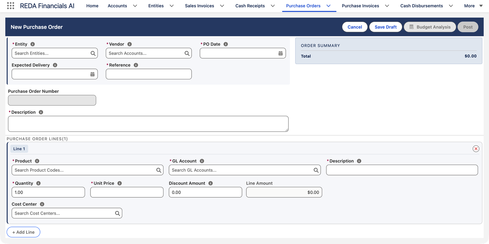 The New Purchase Order form in REDA Financials AI, empty. Header buttons: Cancel, Save Draft, Budget Analysis (greyed out) and Post (greyed out). Required fields: Entity, Vendor, PO Date, Reference and Description; Expected Delivery is optional; Purchase Order Number is greyed out for automatic assignment. The PURCHASE ORDER LINES section shows one line with Product, GL Account, Description, Quantity, Unit Price, Discount Amount, Line Amount and Cost Center, plus an Add Line button. An ORDER SUMMARY panel on the right shows a $0.00 total.