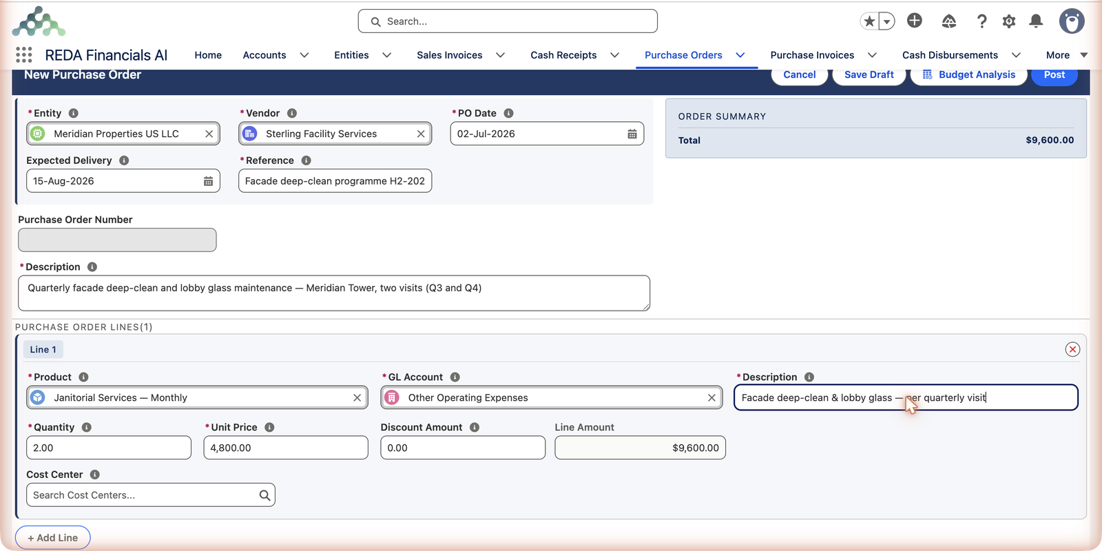 The New Purchase Order form filled in: Entity Meridian Properties US LLC, Vendor Sterling Facility Services, PO Date 02-Jul-2026, Expected Delivery 15-Aug-2026, Reference 'Facade deep-clean programme H2-2026' and a Description. Line 1 shows Product Janitorial Services — Monthly, GL Account Other Operating Expenses, Description 'Facade deep-clean & lobby glass — per quarterly visit', Quantity 2.00, Unit Price 4,800.00 and Line Amount $9,600.00. The ORDER SUMMARY shows Total $9,600.00 and the Post button is active.