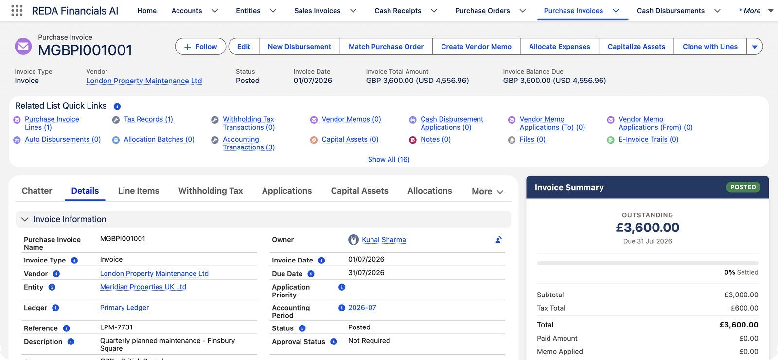 Uma Fatura de compra contabilizada MGBPI001001 na REDA Financials AI do fornecedor London Property Maintenance Ltd para a entidade Meridian Properties UK Ltd. O cabeçalho mostra Valor total da fatura GBP 3,600.00 com um equivalente em USD, e Saldo pendente da fatura GBP 3,600.00. O painel Resumo da fatura à direita mostra Subtotal £3,000.00, Total de impostos £600.00 e Total £3,600.00. Os links rápidos de listas relacionadas incluem Registros de imposto (1) e Transações contábeis (3).