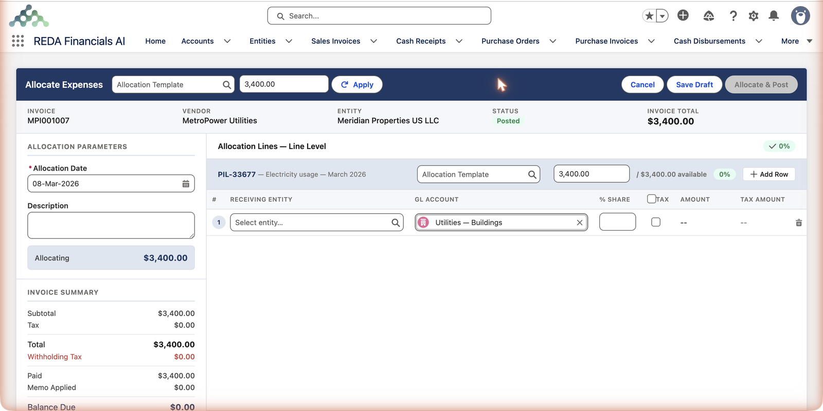 La pantalla Asignar gastos en REDA Financials AI para la factura contabilizada MPI001007 (MetroPower Utilities, Meridian Properties US LLC, $3,400.00). El encabezado tiene un selector de Plantilla de asignación, un cuadro de monto con Aplicar, y los botones Cancelar, Guardar borrador y Asignar y contabilizar. El panel izquierdo muestra PARÁMETROS DE ASIGNACIÓN (Fecha de asignación, Descripción, Asignando $3,400.00) y un RESUMEN DE FACTURA. El panel principal, titulado 'Líneas de asignación — Nivel de línea', agrupa por línea de factura (PIL-33677 — Consumo de electricidad — marzo de 2026) con '/ $3,400.00 disponible', una insignia de progreso de 0% y un botón Agregar fila; la cuadrícula de filas tiene las columnas #, ENTIDAD RECEPTORA, CUENTA CONTABLE (prellenada Servicios públicos — Edificios), % DE PARTICIPACIÓN, casilla IMPUESTO, MONTO y MONTO DE IMPUESTO.