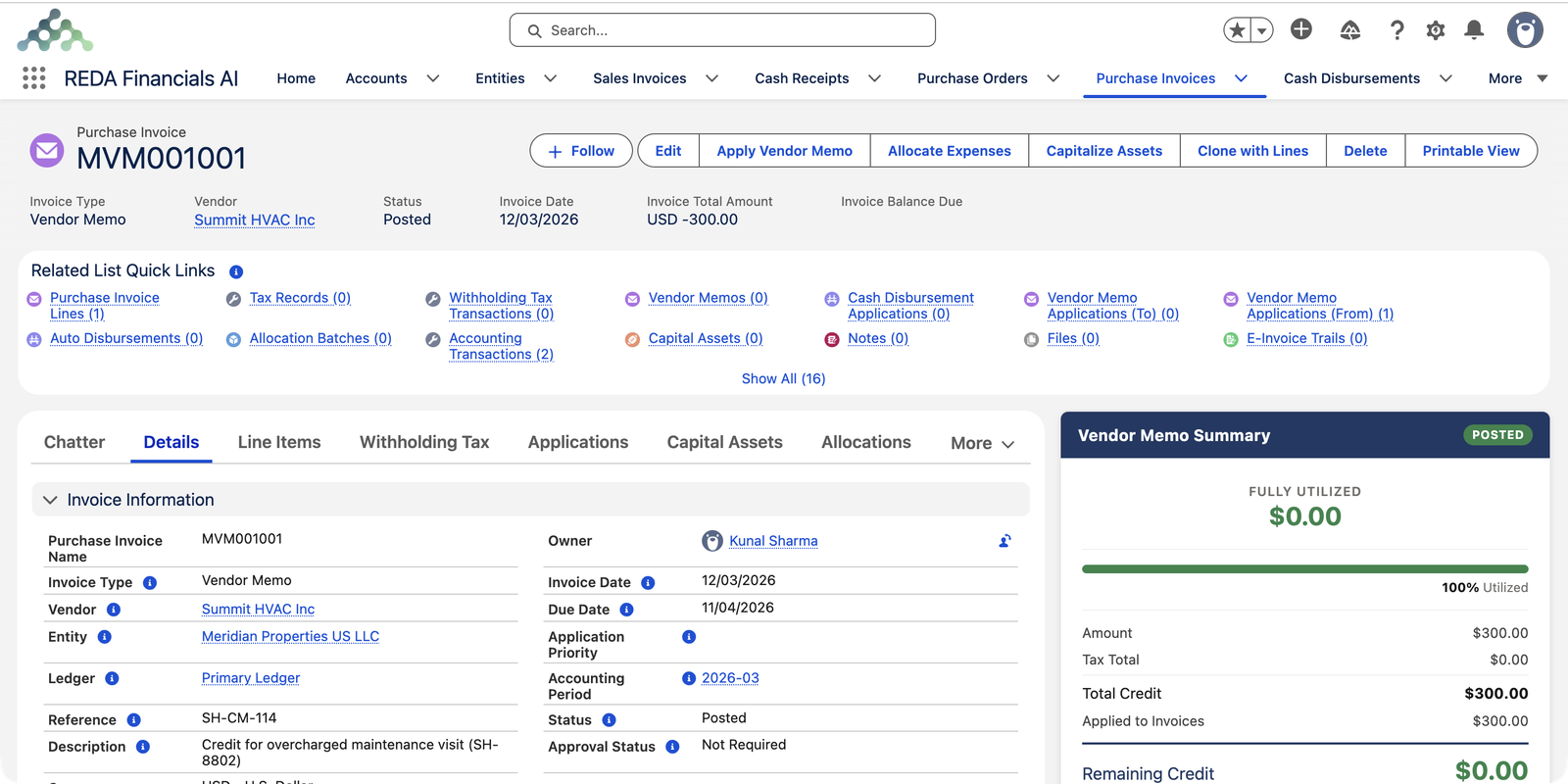 A posted Vendor Memo record MVM001001 in REDA Financials AI. The highlights show Invoice Type Vendor Memo, Vendor Summit HVAC Inc, Status Posted, Invoice Date 12/03/2026 and Invoice Total Amount USD -300.00. Action buttons include Apply Vendor Memo, Allocate Expenses, Clone with Lines and Printable View. The Details tab shows Reference SH-CM-114 and Description 'Credit for overcharged maintenance visit (SH-8802)'. On the right, a Vendor Memo Summary panel with a POSTED badge reads FULLY UTILIZED $0.00, 100% Utilized, Amount $300.00, Total Credit $300.00, Applied to Invoices $300.00, Remaining Credit $0.00.