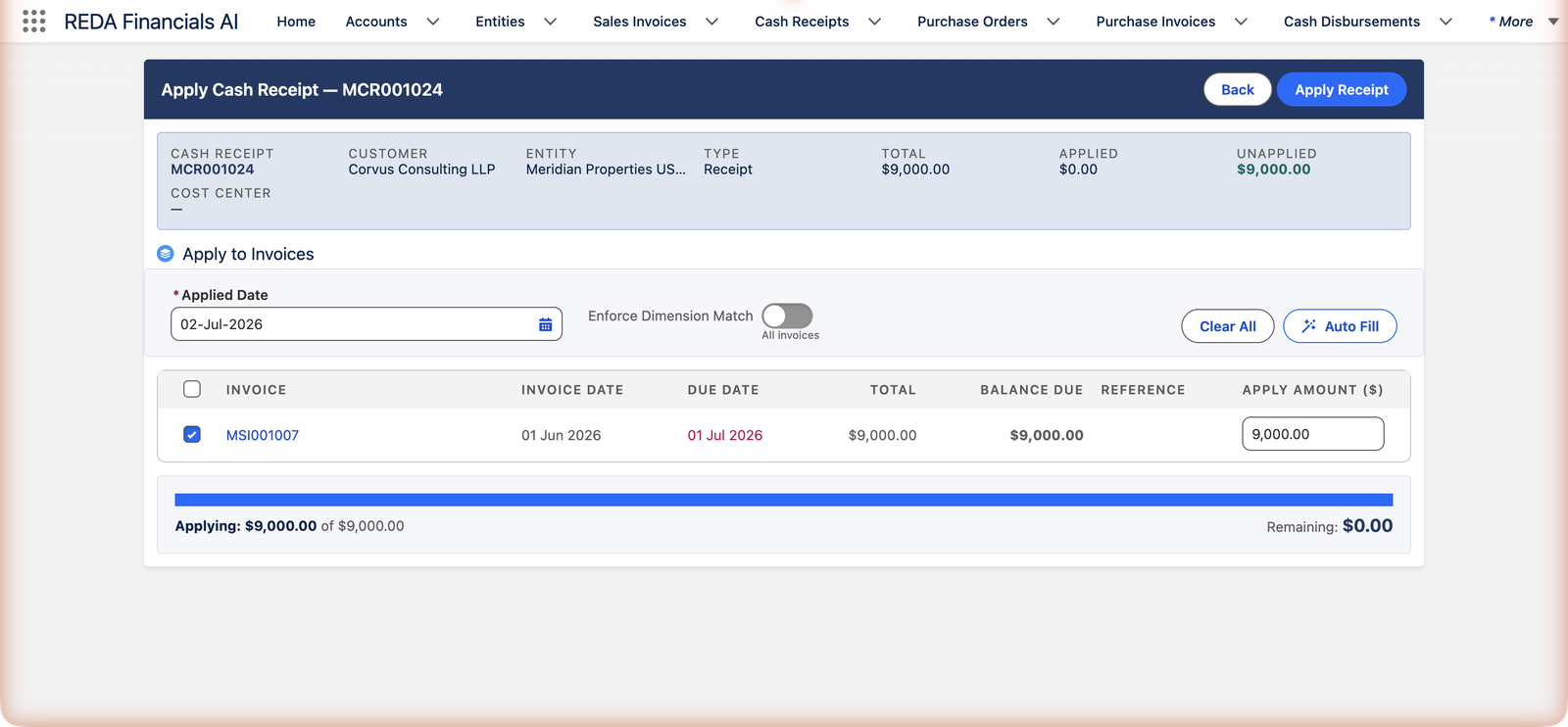 The same Apply Cash Receipt screen after clicking Auto Fill: invoice MSI001007's checkbox is ticked and its Apply Amount box reads 9,000.00. The progress bar is full, the footer reads Applying $9,000.00 of $9,000.00 and Remaining $0.00, and the Apply Receipt button in the header is active.