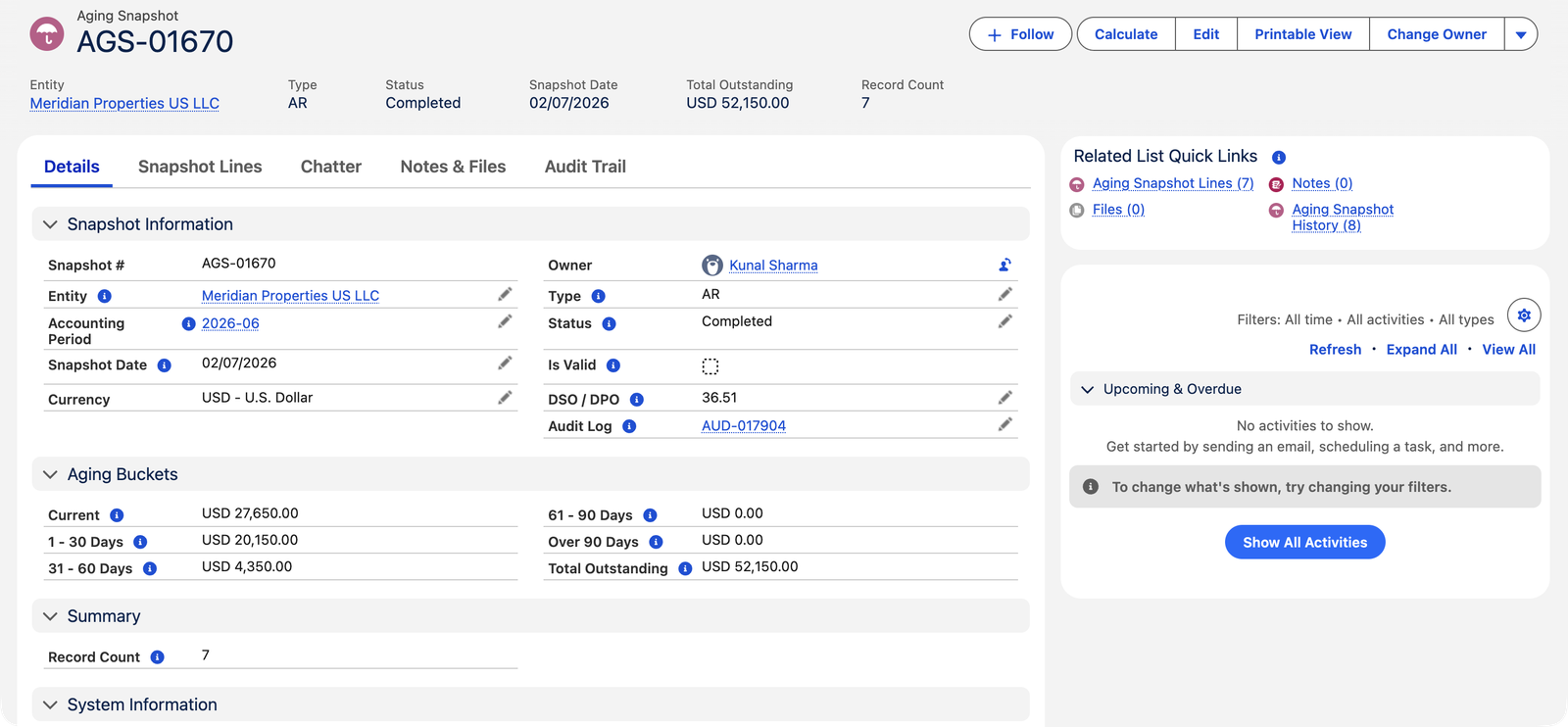 Um Instantâneo de Aging de AR concluído AGS-01670 na REDA Financials AI para Meridian Properties US LLC: Status Concluído, Data do Instantâneo 02/07/2026, Total Pendente USD 52.150,00, Contagem de Registros 7, DSO 36,51, Log de Auditoria AUD-017904. A seção Faixas de Aging mostra A vencer USD 27.650,00, 1-30 dias USD 20.150,00, 31-60 dias USD 4.350,00, 61-90 dias USD 0,00 e Acima de 90 dias USD 0,00. Os links relacionados incluem Linhas de Instantâneo de Aging (7).