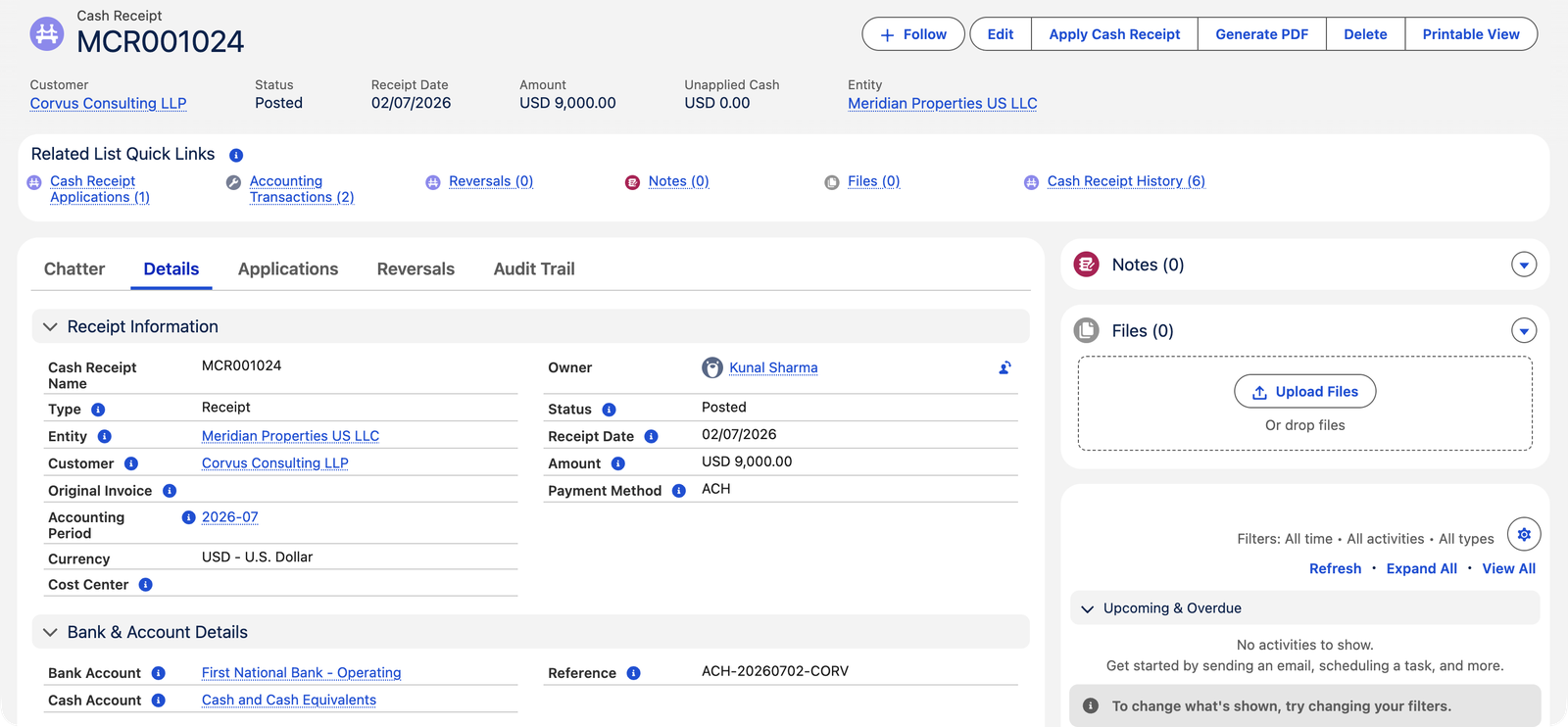 O recebimento contabilizado MCR001024 em REDA Financials AI: Status Posted, Amount USD 9,000.00, Unapplied Cash USD 0.00, Accounting Period 2026-07, Payment Method ACH, Reference ACH-20260702-CORV. Os Related List Quick Links mostram Cash Receipt Applications (1) e Accounting Transactions (2).