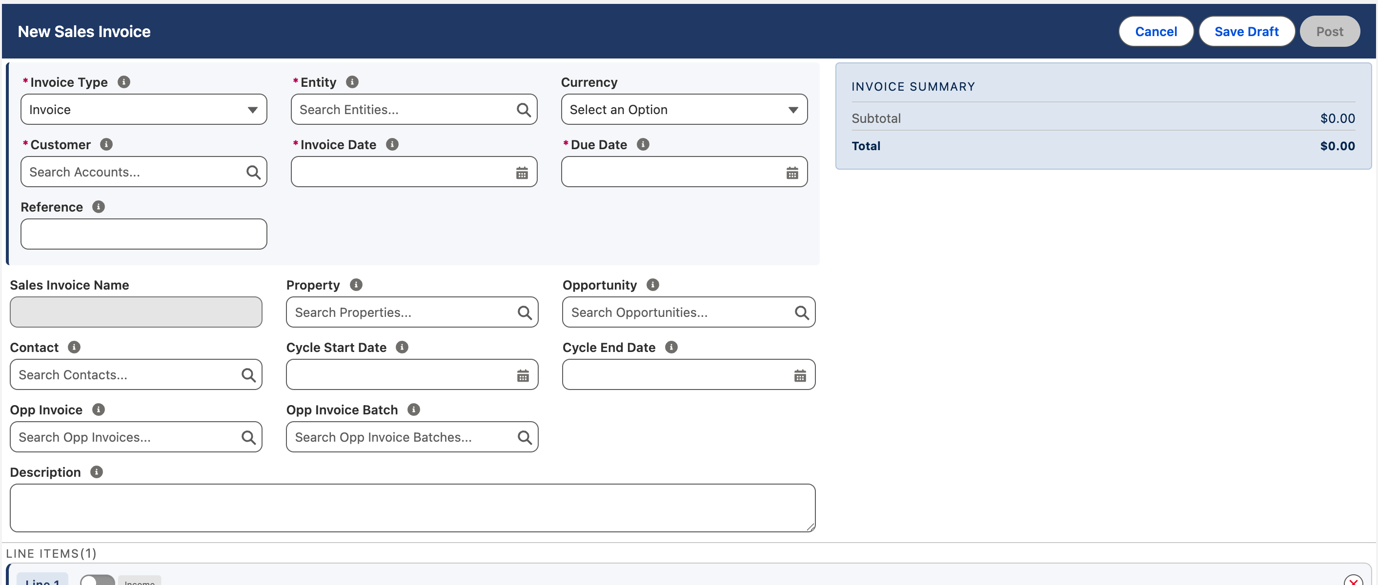 El formulario <em>Nueva factura de venta</em> en REDA Financials AI. Los campos obligatorios, marcados con un asterisco rojo, ocupan la parte superior: Tipo de factura con el valor Invoice, Entidad, Moneda, Cliente, Fecha de factura y Fecha de vencimiento, con una Referencia opcional. Debajo, el nombre de la factura aparece atenuado con el texto &laquo;Asignado autom&aacute;ticamente al guardar&raquo;, junto a Propiedad, Oportunidad, Contacto, fechas de inicio y fin de ciclo y un cuadro de Descripci&oacute;n. A la derecha, el panel de resumen muestra Subtotal $0.00 y Total $0.00, y el encabezado lleva <em>Cancelar</em>, <em>Guardar borrador</em> y un bot&oacute;n <em>Contabilizar</em> atenuado. Debajo empieza la secci&oacute;n <em>L&iacute;neas de detalle</em> con la L&iacute;nea 1 y un conmutador <em>Ingresos</em>.