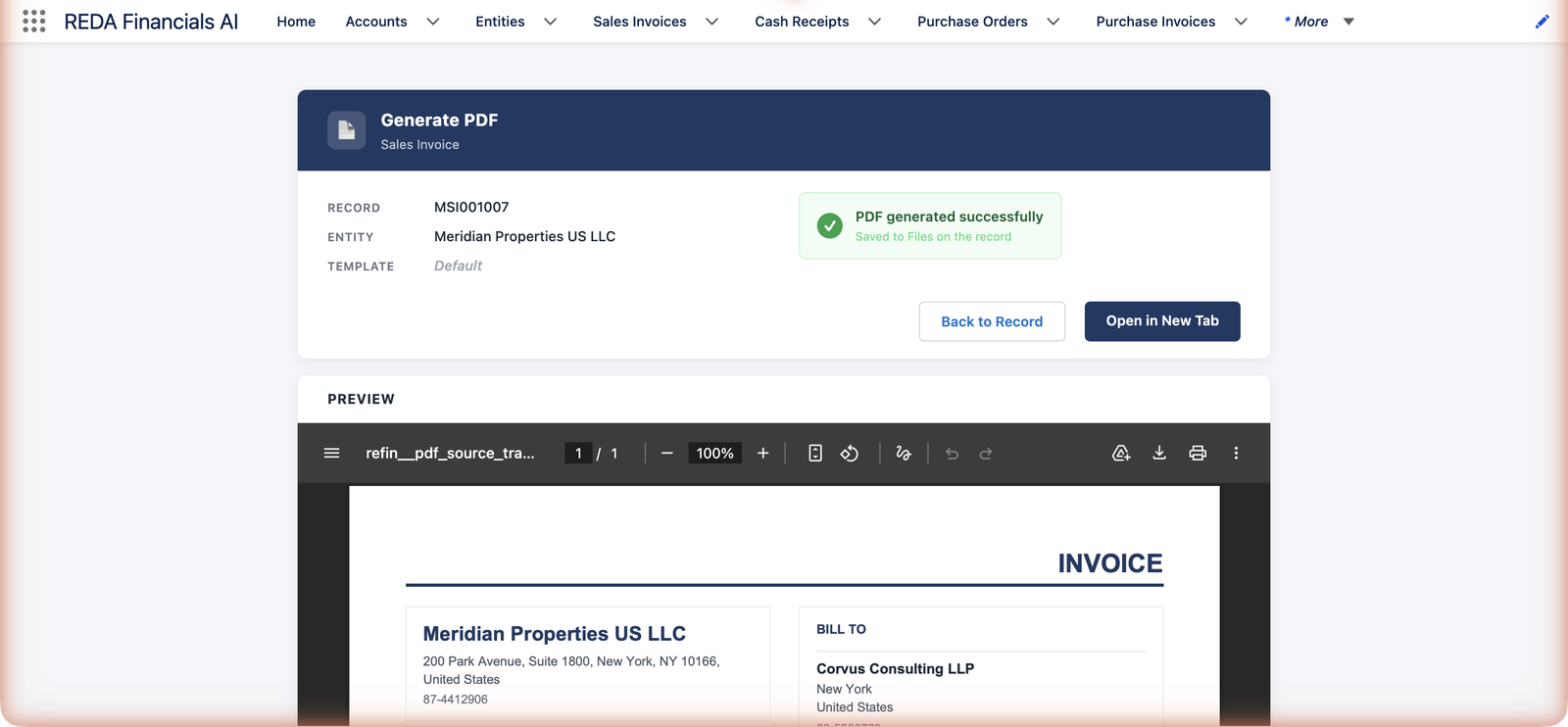 A tela Gerar PDF na REDA Financials AI para a fatura de venda MSI001007 da entidade Meridian Properties US LLC, modelo Padrão. Um banner verde diz PDF gerado com sucesso — Salvo em Arquivos no registro, com os botões Voltar ao registro e Abrir em nova guia. Abaixo, um painel de pré-visualização renderiza o documento INVOICE finalizado com o cabeçalho e o endereço da Meridian Properties US LLC, e um bloco BILL TO para a Corvus Consulting LLP.