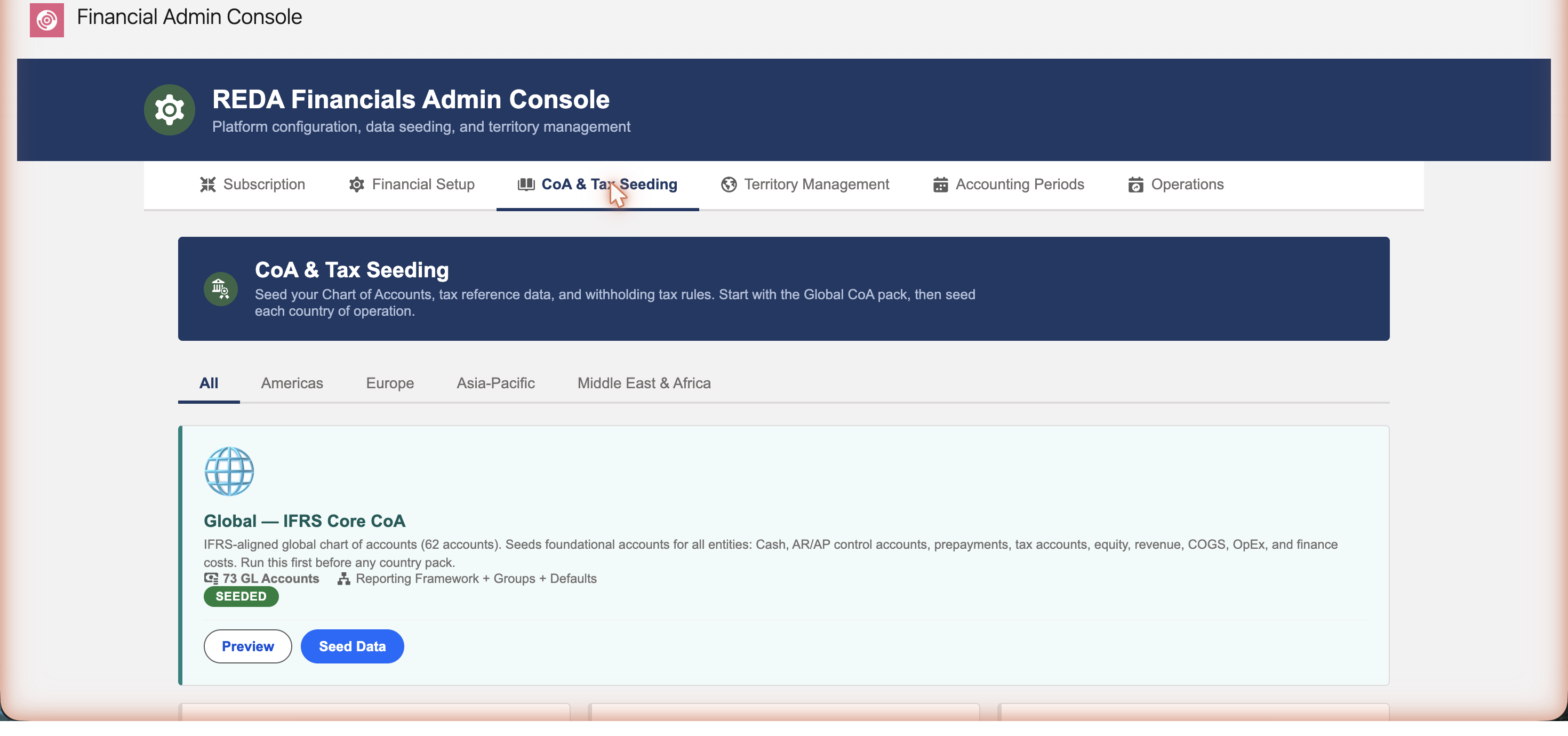 La pestaña Inicialización de CoA e impuestos con los filtros de continente y la tarjeta del catálogo de cuentas Global IFRS Core, mostrando los botones Vista previa e Inicializar datos y un estado Inicializado.