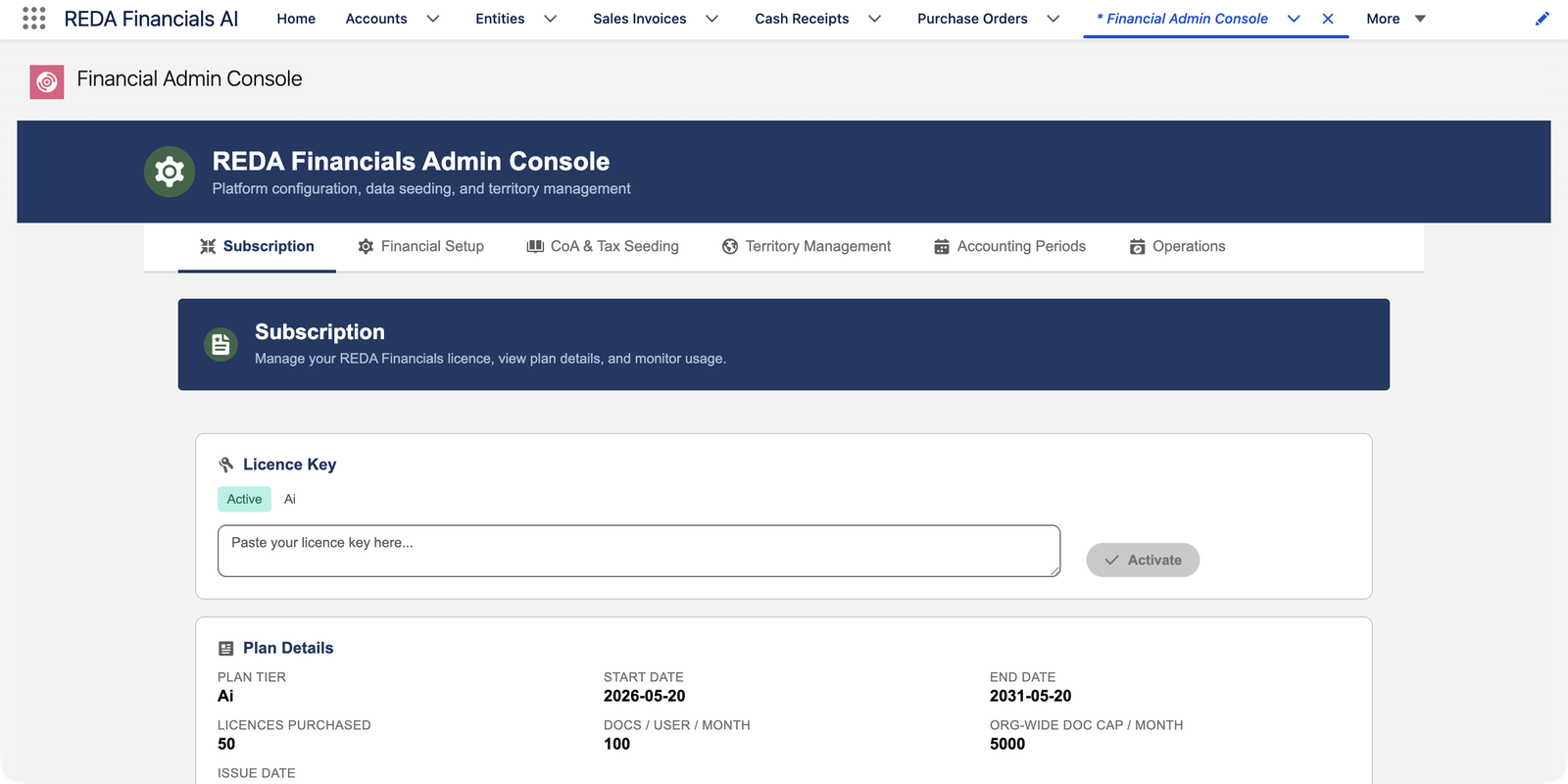 The Subscription tab of the REDA Financials Admin Console. The Licence Key card shows an Active badge with the Ai plan tier, a 'Paste your licence key here...' box and an Activate button. The Plan Details card lists Plan Tier Ai, Start Date 2026-05-20, End Date 2031-05-20, Licences Purchased 50, Docs/User/Month 100, Org-wide Doc Cap/Month 5000 and an Issue Date.