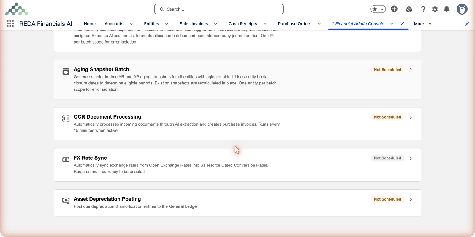 Operations cards in the REDA Financials Admin Console: OCR Document Processing ('Automatically processes incoming documents through AI extraction and creates purchase invoices. Runs every 15 minutes when active.'), FX Rate Sync ('Automatically sync exchange rates from Open Exchange Rates into Salesforce Dated Conversion Rates. Requires multi-currency to be enabled.') and Asset Depreciation Posting ('Post due depreciation & amortization entries to the General Ledger'), each with a Not Scheduled chip and expander.