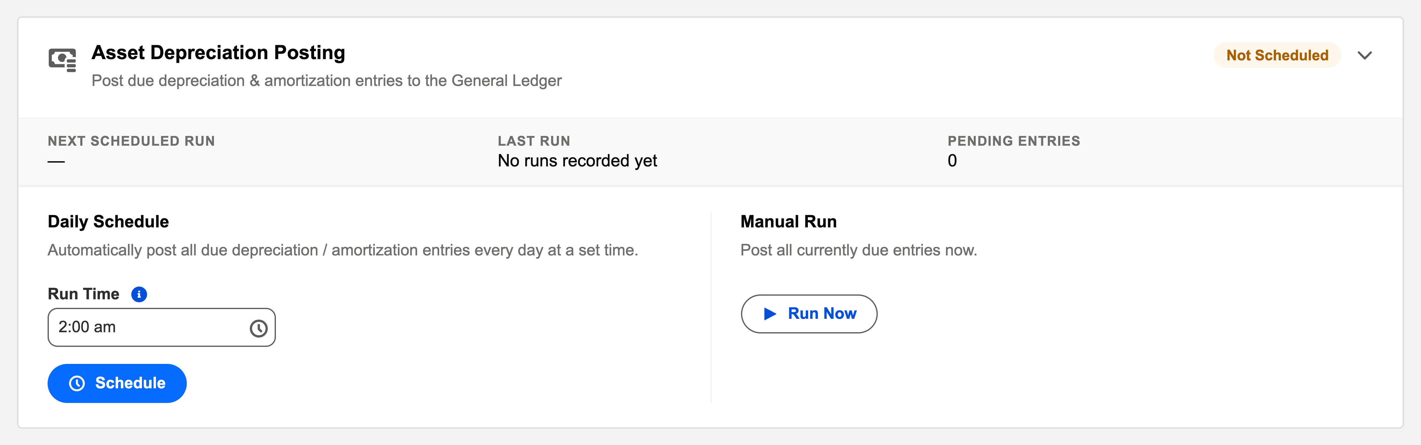 The expanded Asset Depreciation Posting card in the Operations tab, with its Not Scheduled badge, run statistics, a Daily Schedule panel offering a Run Time and Schedule button, and a Manual Run panel with a Run Now button.