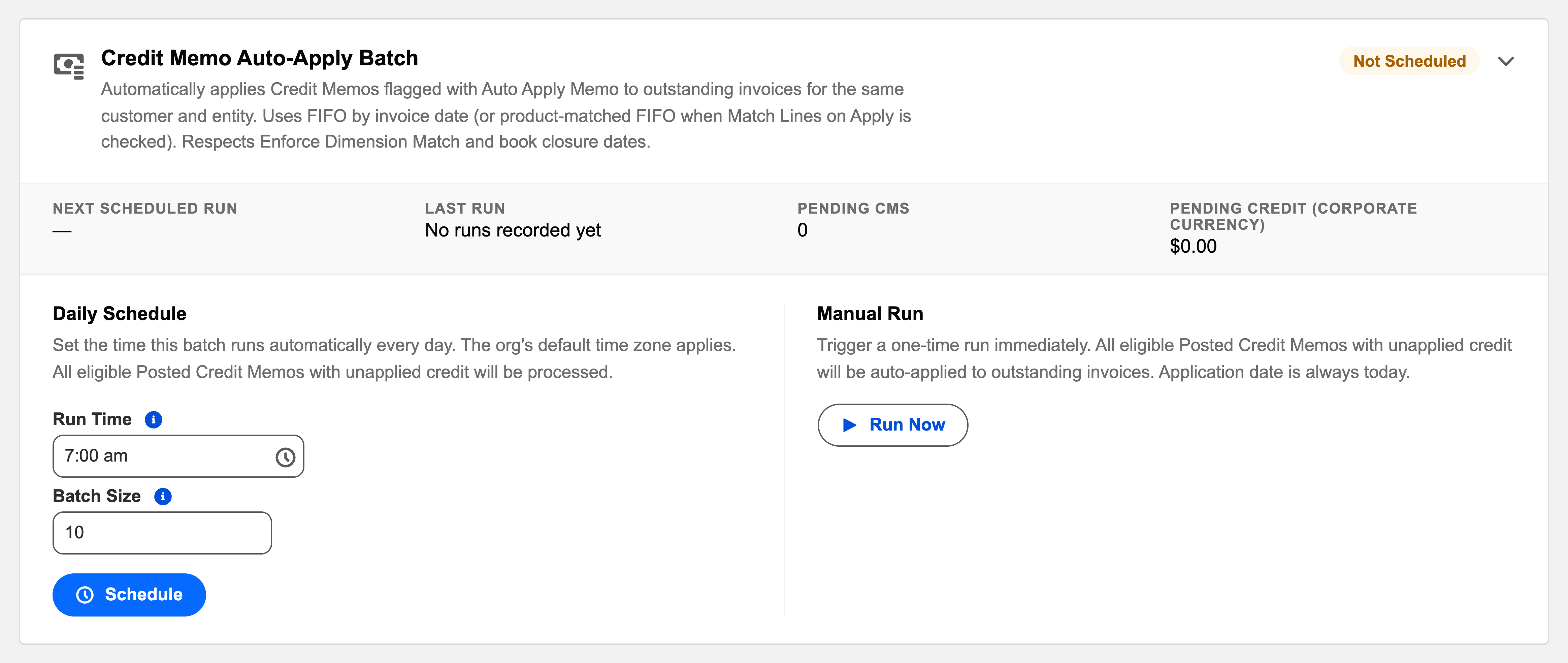 The expanded Credit Memo Auto-Apply Batch card in the Operations tab, with a Not Scheduled badge, its run statistics strip, a Daily Schedule panel with a Run Time and Schedule button, and a Manual Run panel with a Run Now button.