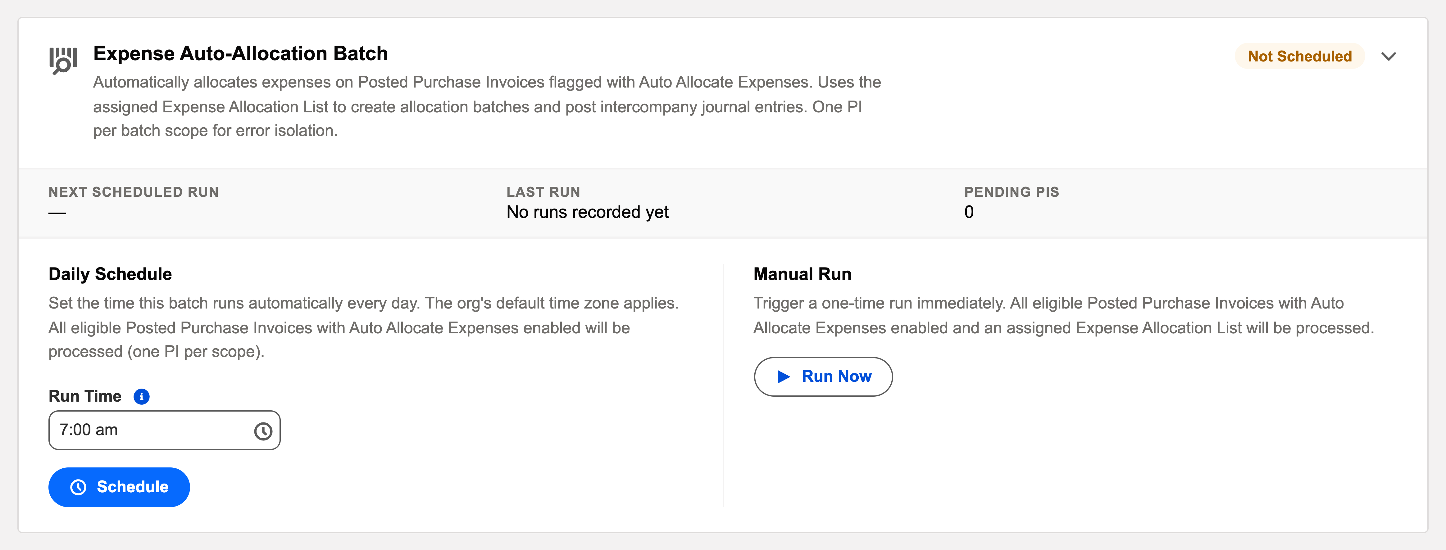 The expanded Expense Auto-Allocation Batch card in the Operations tab, with a Not Scheduled badge, run statistics, a Daily Schedule panel with a Run Time and Schedule button, and a Manual Run panel with a Run Now button.
