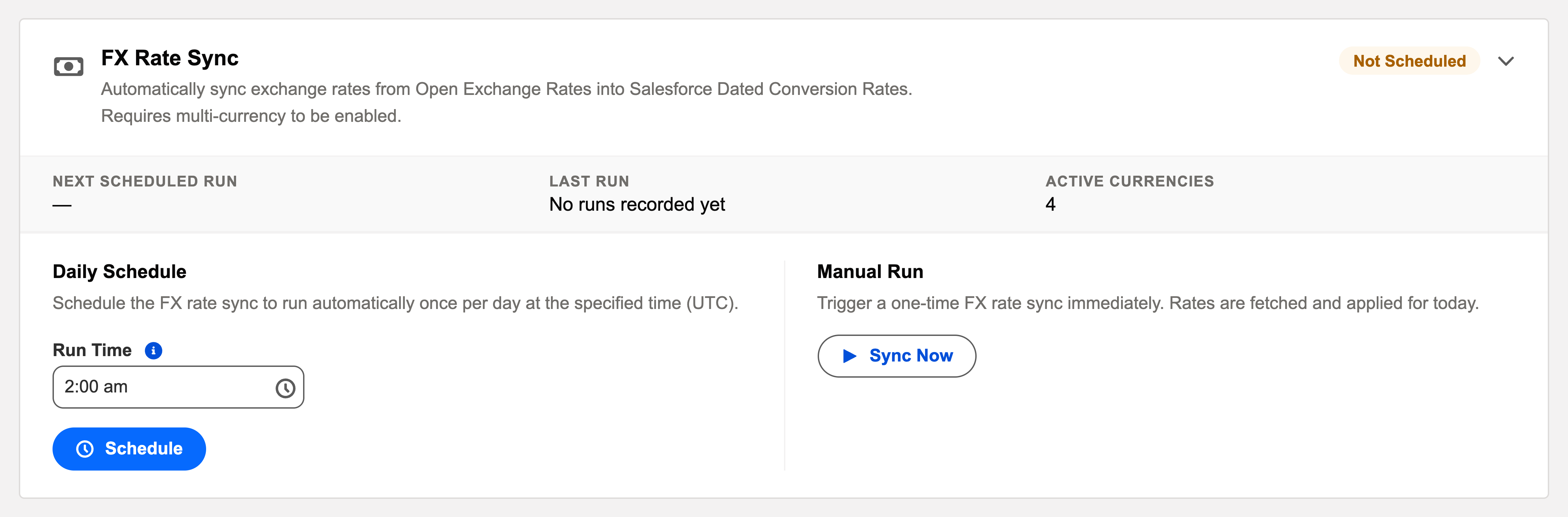 The expanded FX Rate Sync card in the Operations tab, with a Not Scheduled badge, run statistics, a Daily Schedule panel offering a Run Time and Schedule button, and a Manual Run panel with a Run Now button.