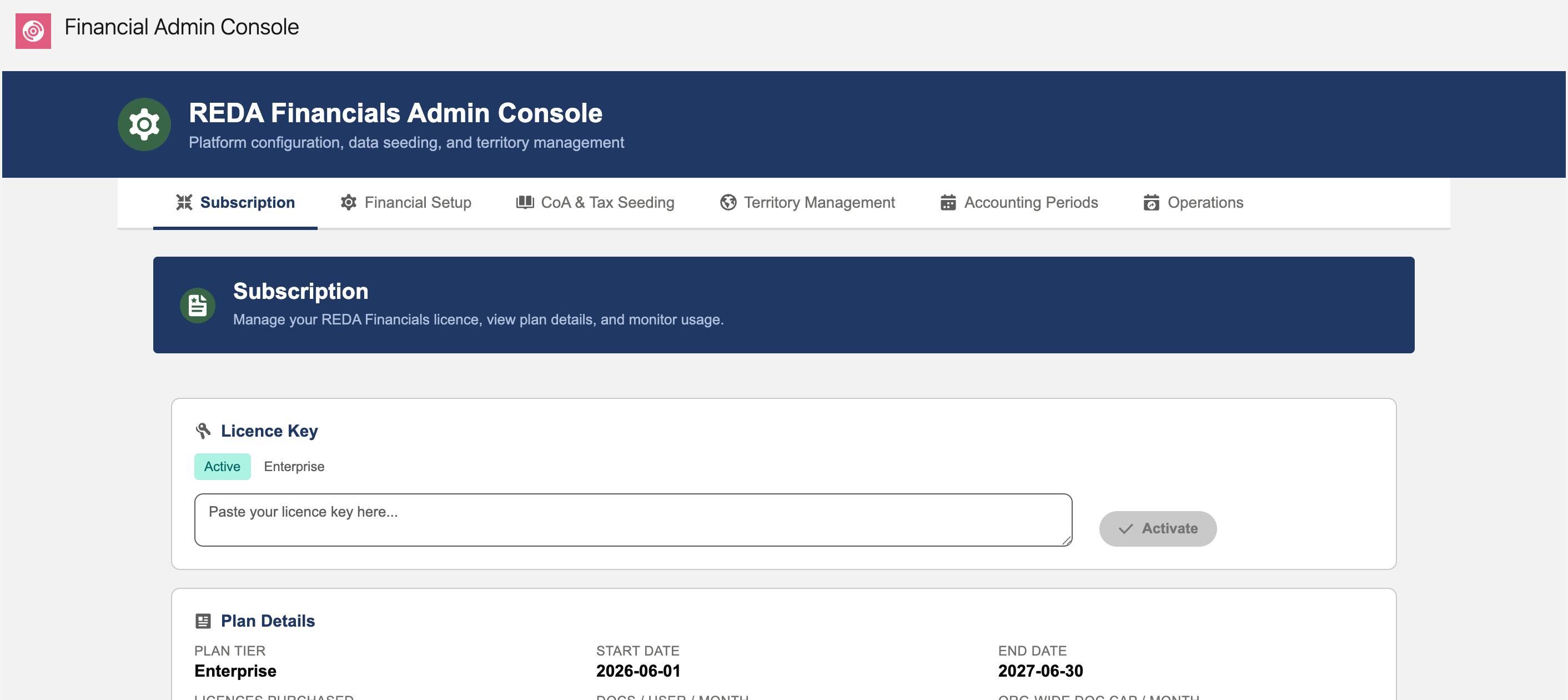 The Subscription tab of the REDA Financials Admin Console. The Licence Key card shows a green Active badge next to the word Enterprise, an empty 