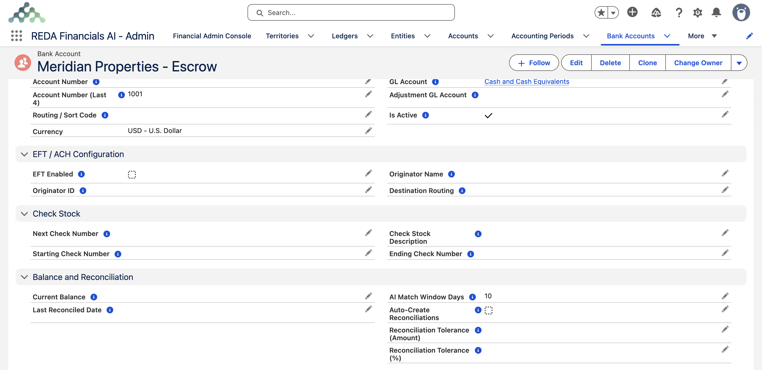 La sección Balance and Reconciliation de un registro de Cuenta bancaria (Meridian Properties - Escrow) en REDA Financials AI, mostrando los nuevos campos Reconciliation Tolerance (Amount) y Reconciliation Tolerance (%) junto a AI Match Window Days y Auto-Create Reconciliations.