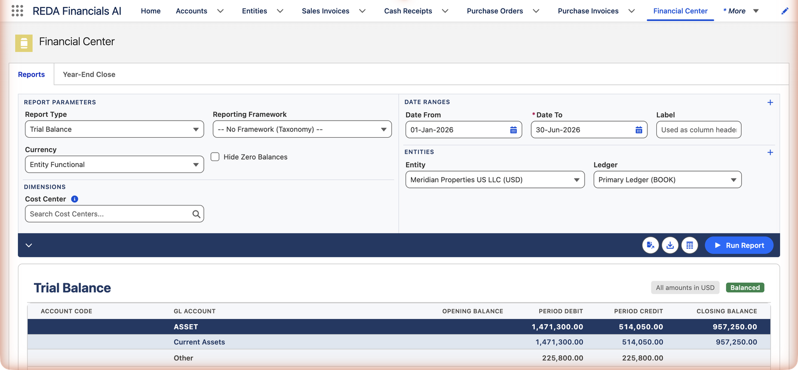 O Financial Center na REDA Financials AI com Tipo de Relatório Balancete de Verificação, datas 01-Jan-2026 a 30-Jun-2026, Entidade Meridian Properties US LLC com Primary Ledger, e um Balancete de Verificação renderizado mostrando um selo All amounts in USD e um selo verde Balanceado, com colunas Código da Conta, Conta Contábil, Saldo Inicial, Débito do Período, Crédito do Período e Saldo Final agrupadas sob ATIVO e Ativo Circulante.