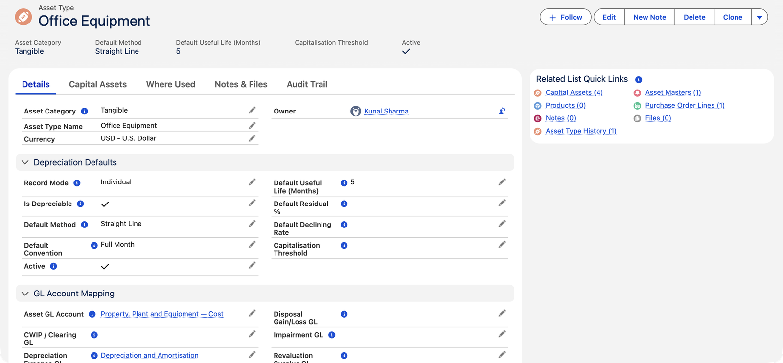 Un registro de Tipo de activo Office Equipment en REDA Financials AI: Categoría de activo Tangible, Método predeterminado Straight Line, Modo de registro Individual, Is Depreciable marcado, Vida útil predeterminada en meses, Convención predeterminada Full Month. Una sección de mapeo de cuentas contables muestra la Cuenta contable del activo Property Plant and Equipment — Cost, la Cuenta contable de gasto de depreciación Depreciation and Amortisation, y campos para las cuentas de Ganancia/Pérdida por baja, Deterioro y Superávit por revaluación.