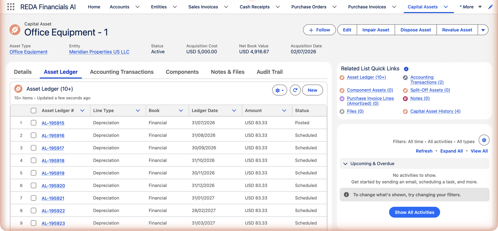 The Asset Ledger tab of Capital Asset Office Equipment - 1 in REDA Financials AI, showing monthly Depreciation lines in the Financial book of USD 83.33 each, dated at month-end from 31/07/2026 onward. The July line is Posted and the following months are Scheduled. The asset header shows Status Active, Acquisition Cost USD 5,000.00 and Net Book Value USD 4,916.67.