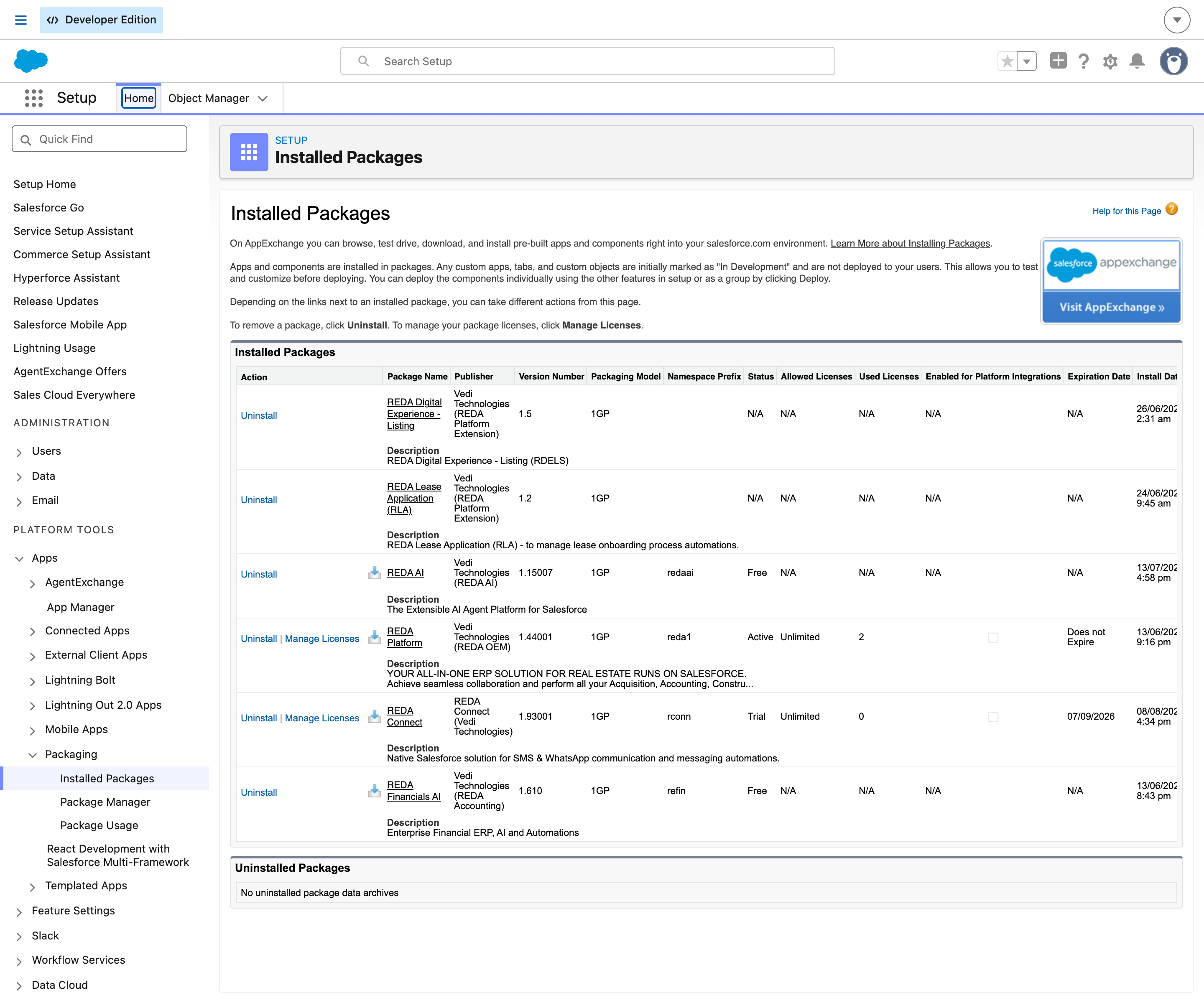 Salesforce Setup, Installed Packages, listing REDA Financials AI version 1.610 with namespace prefix refin alongside the other installed REDA packages, each row showing publisher, version number, packaging model, namespace prefix, status and install date.