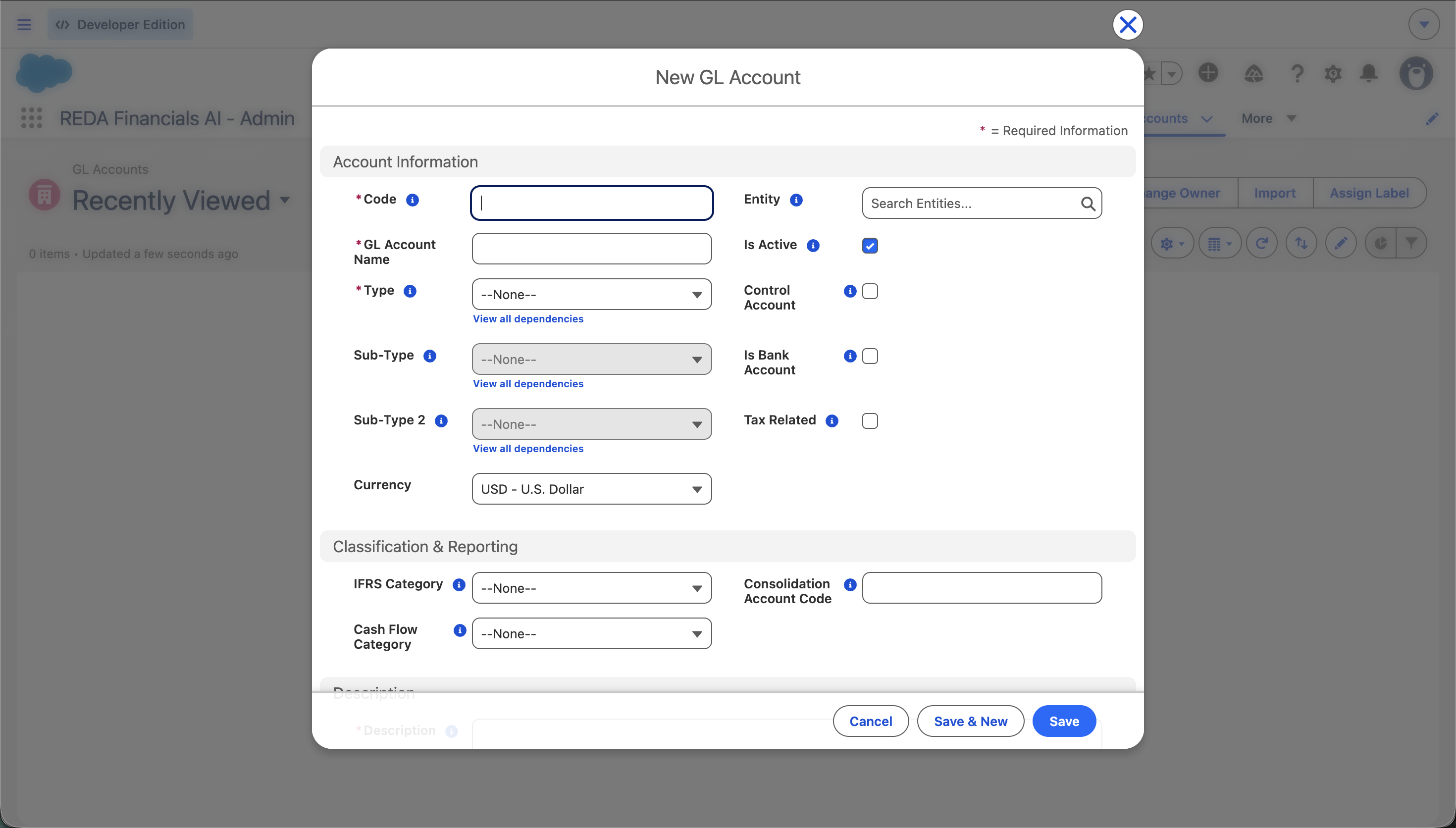 The New GL Account form in the REDA Financials AI - Admin app, with an Account Information section (Code, GL Account Name, Type, Sub-Type, Sub-Type 2, Currency, Entity, Is Active, Control Account, Is Bank Account, Tax Related) and a Classification & Reporting section (IFRS Category, Cash Flow Category, Consolidation Account Code), with Cancel, Save & New, and Save buttons.