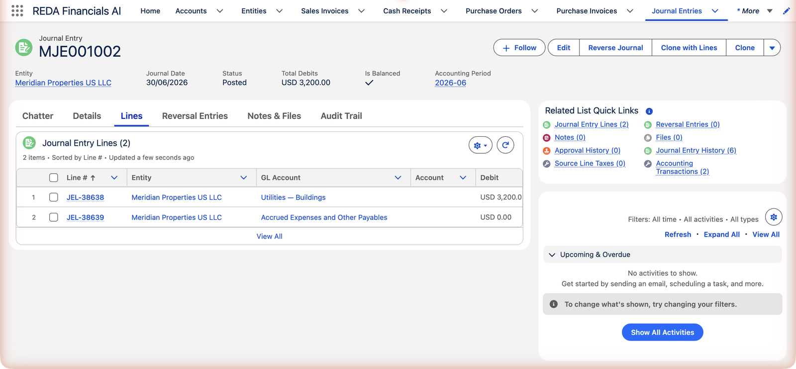The Lines tab of Journal Entry MJE001002 in REDA Financials AI showing two Journal Entry Lines: JEL-38638 for entity Meridian Properties US LLC with GL Account Utilities — Buildings and Debit USD 3,200.00, and JEL-38639 with GL Account Accrued Expenses and Other Payables. The list shows Line number, Entity, GL Account, Account and Debit columns.