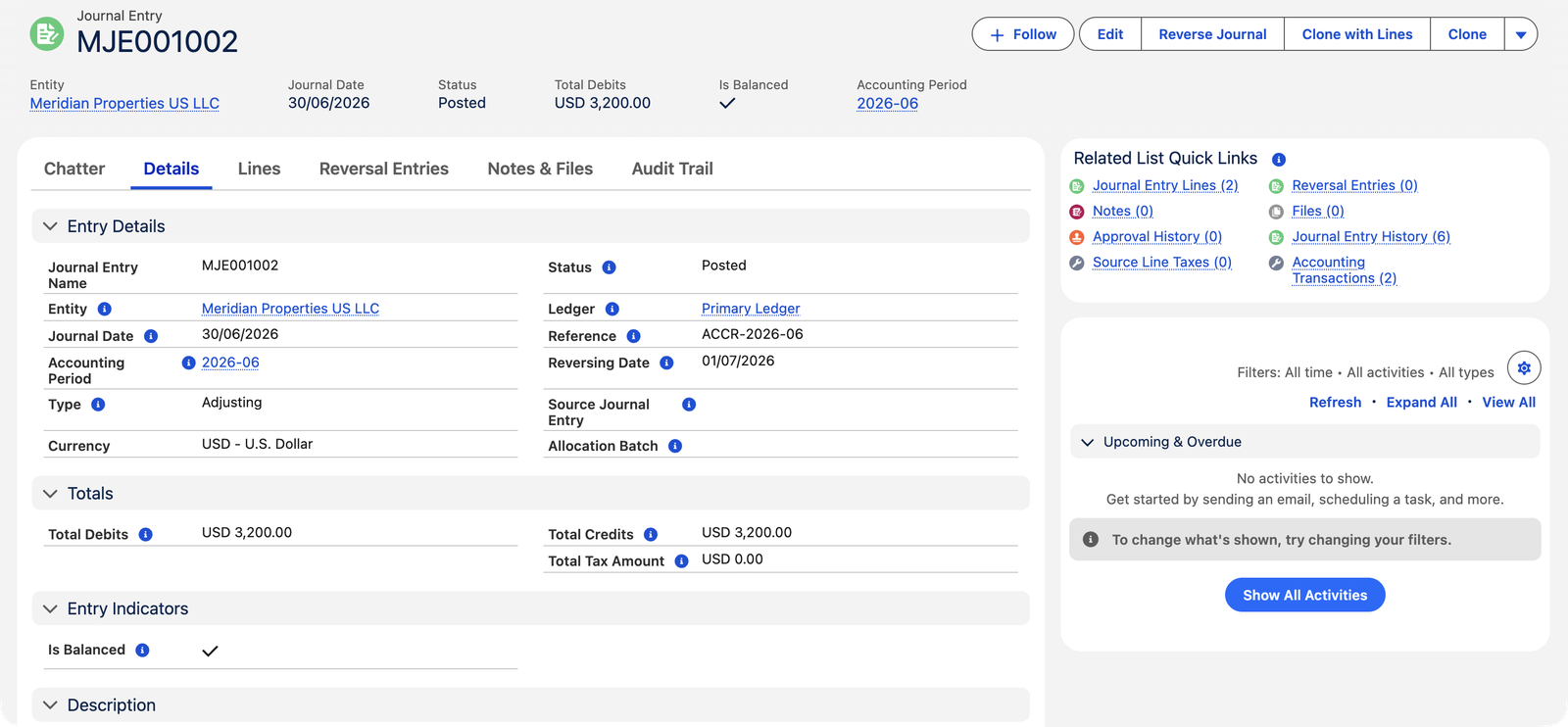 A posted Journal Entry MJE001002 in REDA Financials AI for Meridian Properties US LLC: Journal Date 30/06/2026, Status Posted, Total Debits USD 3,200.00, Is Balanced checked, Accounting Period 2026-06. The Details tab shows Type Adjusting, Reference ACCR-2026-06, Reversing Date 01/07/2026, and Totals of USD 3,200.00 debits and credits. Buttons include Reverse Journal, Clone with Lines and Clone; tabs include Lines, Reversal Entries and Audit Trail.
