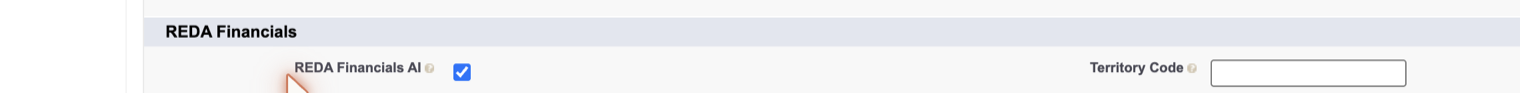 The REDA Financials section of a Salesforce user record, showing the REDA Financials AI checkbox (checked) and the Territory Code field.
