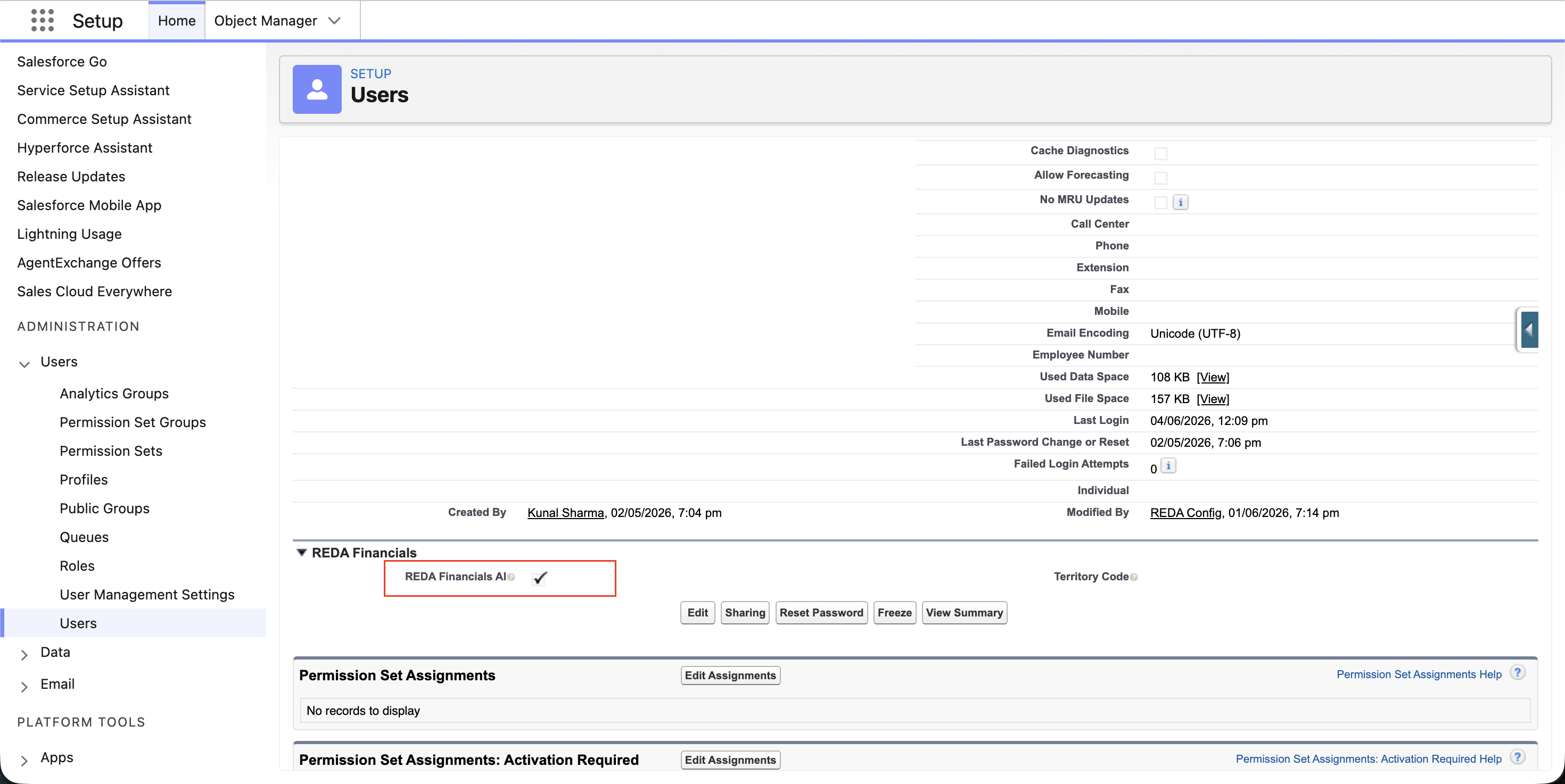 A Salesforce user record in Setup, with the REDA Financials section showing the REDA Financials AI checkbox highlighted and checked.