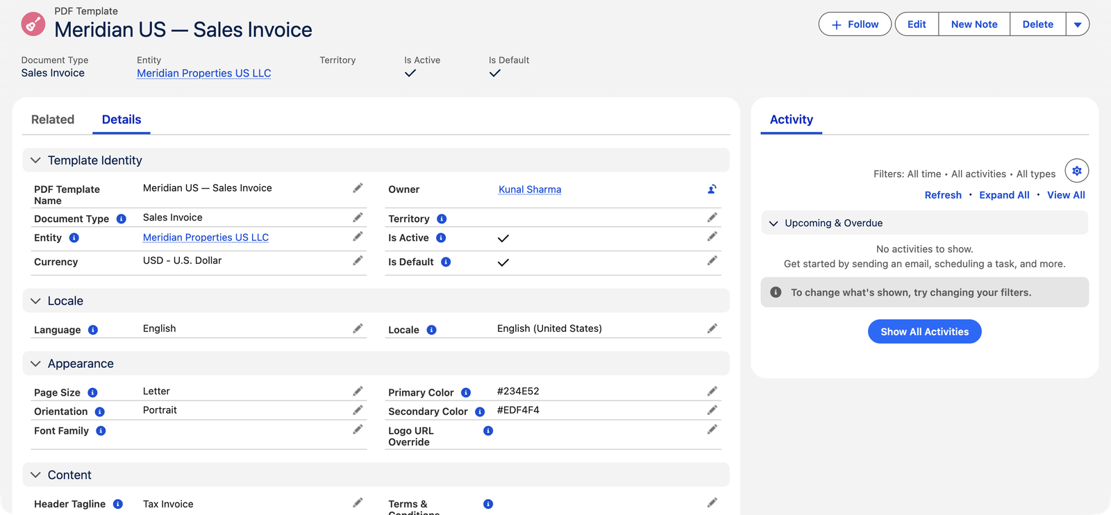 Un registro de plantilla de PDF en REDA Financials AI llamado Meridian US — Sales Invoice: Tipo de documento Sales Invoice, Entidad Meridian Properties US LLC, Is Active e Is Default marcados. Las secciones muestran Locale (Language English, Locale English United States), Appearance (Page Size Letter, Orientation Portrait, Primary Color #234E52, Secondary Color #EDF4F4, Logo URL Override) y Content (Header Tagline Tax Invoice, Terms & Conditions).