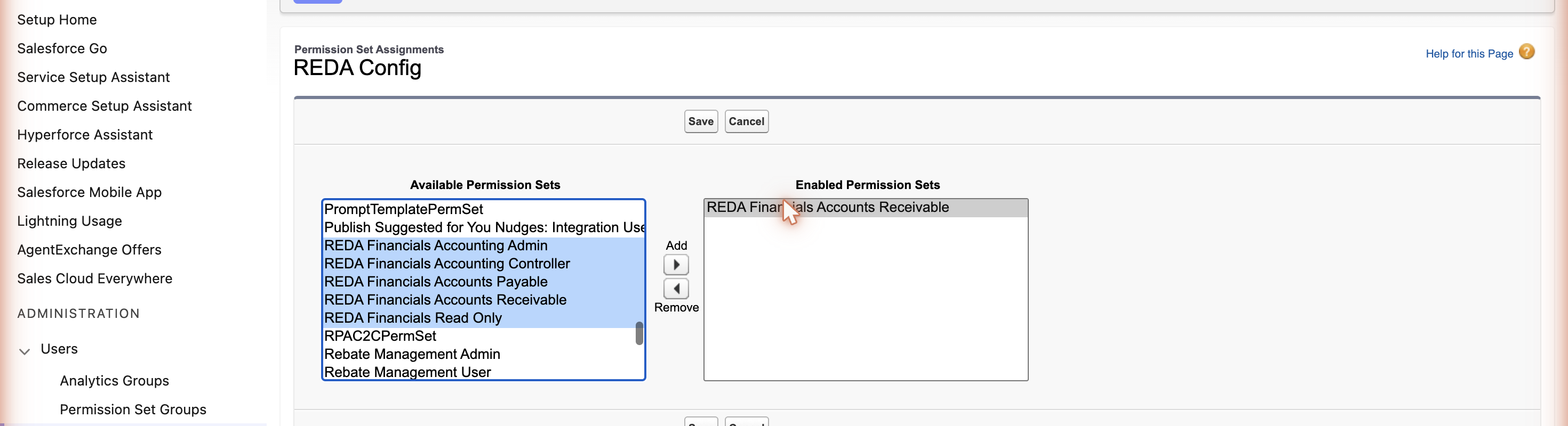 The Edit Assignments page for a Salesforce user, with the five REDA Financials permission sets in the Available list and Accounts Receivable moved to the Enabled list.