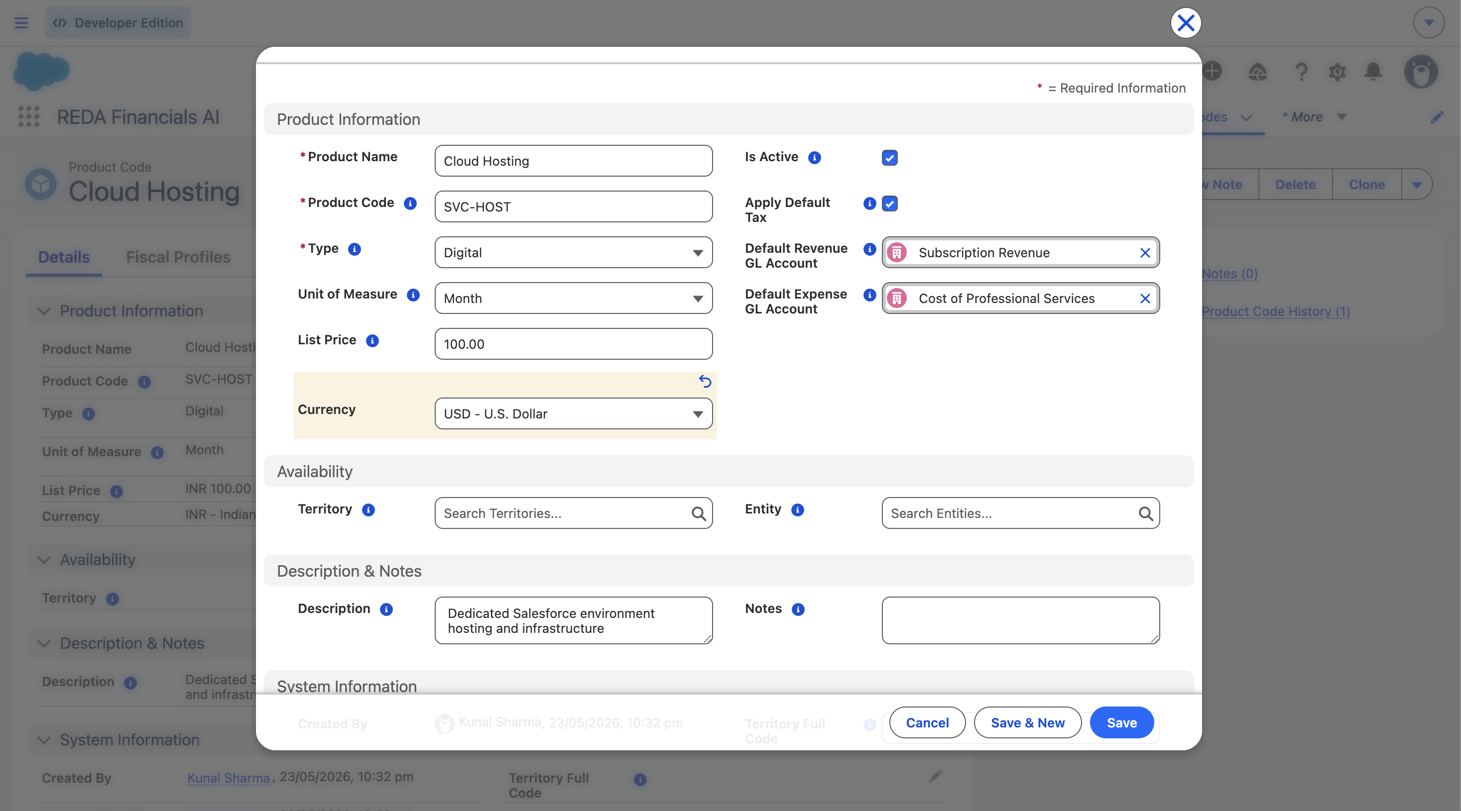 O formulário New Product Code na REDA Financials AI. A seção Product Information mostra Product Name (Cloud Hosting), Product Code (SVC-HOST), Type (Digital), Unit of Measure (Month), List Price (100.00) e Currency (USD), com Is Active e Apply Default Tax marcados, e Default Revenue GL Account (Subscription Revenue) e Default Expense GL Account (Cost of Professional Services). Abaixo estão as seções Availability (Territory, Entity) e Description & Notes, com os botões Cancel, Save & New e Save.
