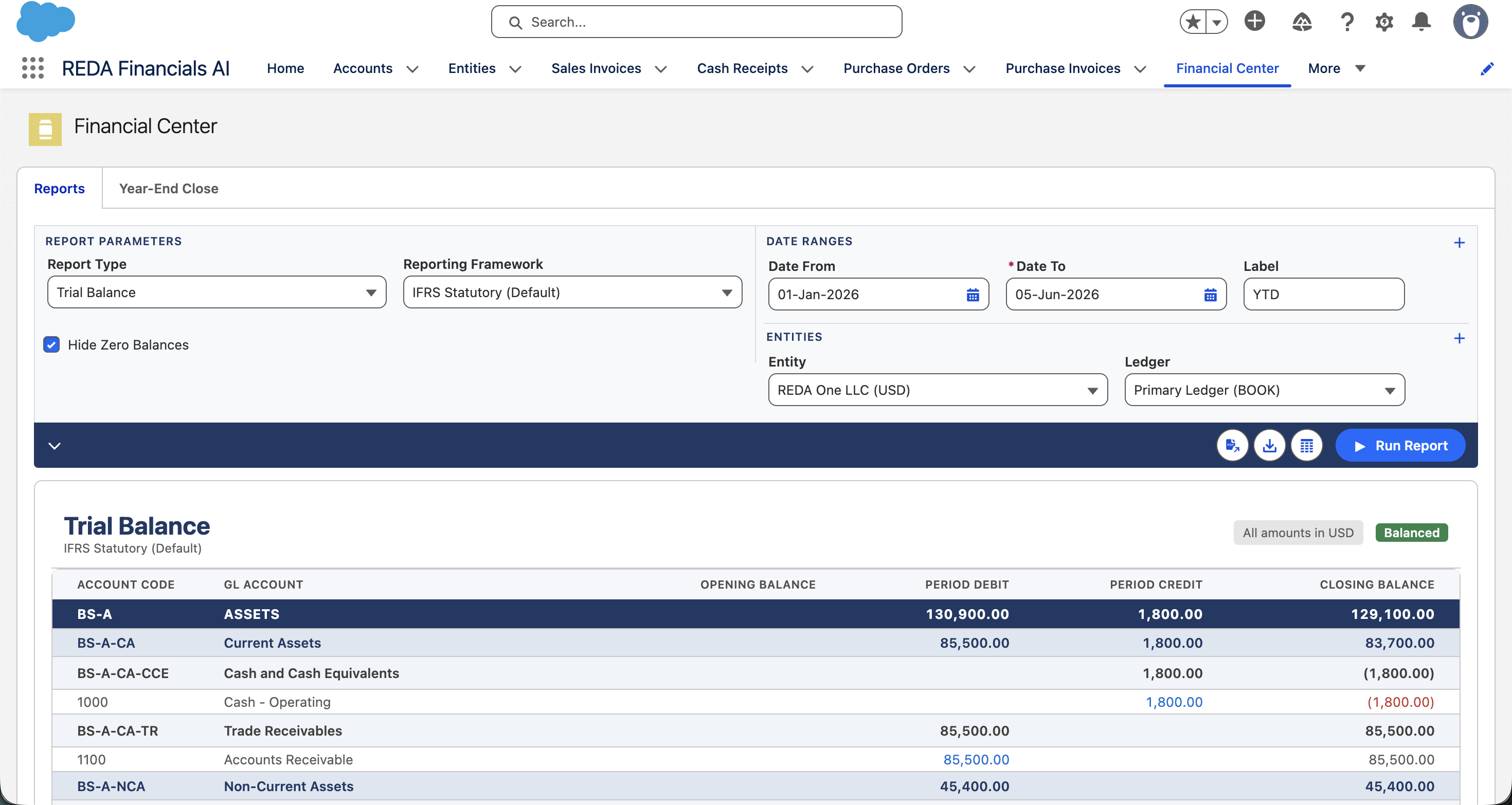 Un Balance de comprobación en la pantalla de informes del Financial Center, generado con el marco de informes IFRS Statutory (Default) seleccionado. La jerarquía de grupos del marco estructura el estado: BS-A Activos, BS-A-CA Activos corrientes, BS-A-CA-CCE Efectivo y equivalentes de efectivo, BS-A-CA-TR Cuentas por cobrar comerciales, BS-A-NCA Activos no corrientes, para la entidad REDA One LLC en USD.