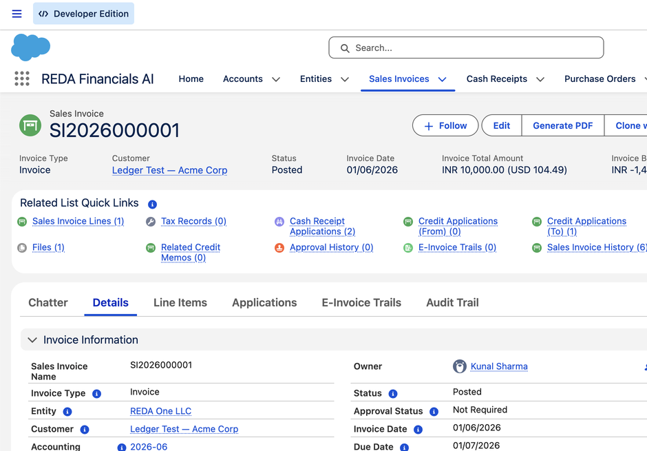 A posted Sales Invoice record in REDA Financials AI. The highlights panel shows Invoice Type (Invoice), Customer (Ledger Test — Acme Corp), Status (Posted), Invoice Date and Invoice Total Amount (INR 10,000 / USD 104.49). Related List Quick Links link to Sales Invoice Lines, Tax Records, Cash Receipt Applications, Credit Applications, Accounting Transactions and more. The Details tab shows Invoice Information — Invoice Type (Invoice), Entity (REDA One LLC), Customer, Accounting Period, Status (Posted) and Approval Status (Not Required).