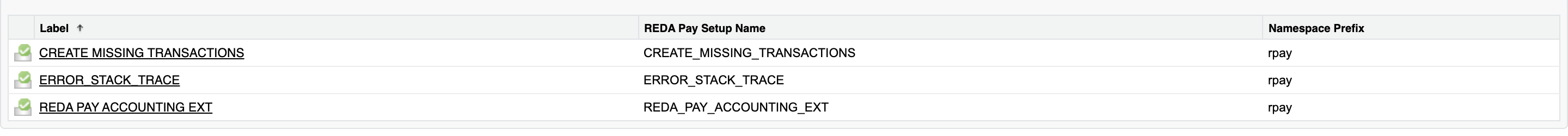 La lista de registros de metadatos personalizados REDA Pay Setup en Configuración con los tres registros del paquete CREATE MISSING TRANSACTIONS, ERRORSTACKTRACE y REDA PAY ACCOUNTING EXT; abre un registro para ver su Value