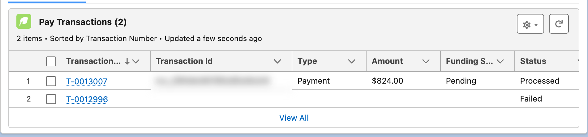 A Pay Order's Pay Transactions list showing a transaction with Status failed and its Error Message, followed by a later processed transaction
