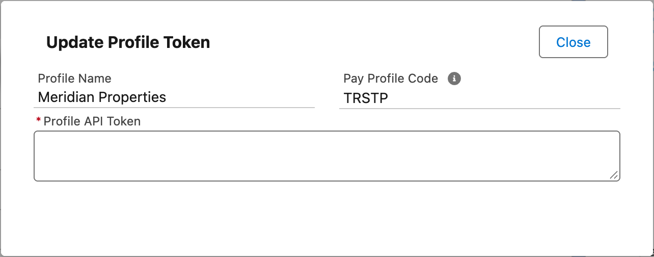 The Update Profile Token dialog on a Pay Profile, with the Profile API Token box still empty and the Close button (Update Token appears once a key is pasted)